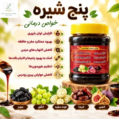 پنج شیره شیره اصل (توت . خرما . انجیر . انگور . مویز ) (500 گرمی )